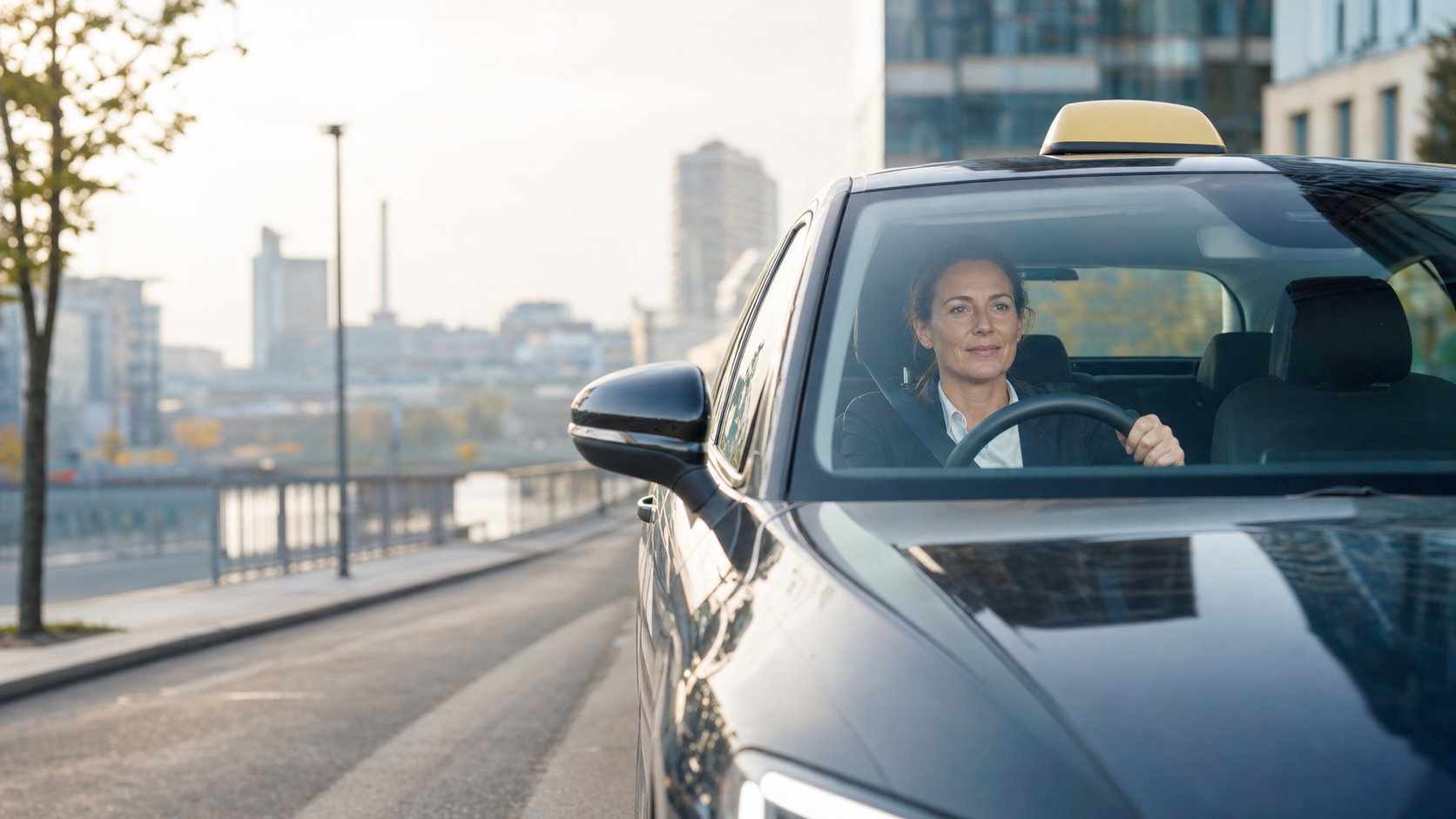 Kvinnlig taxiförare bakom ratten med stadssiluett i bakgrunden